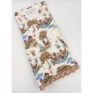 En Vogue Set of 2 Cotton Gauze Kitchen Towels Chicken Hen Print Crochet Lace